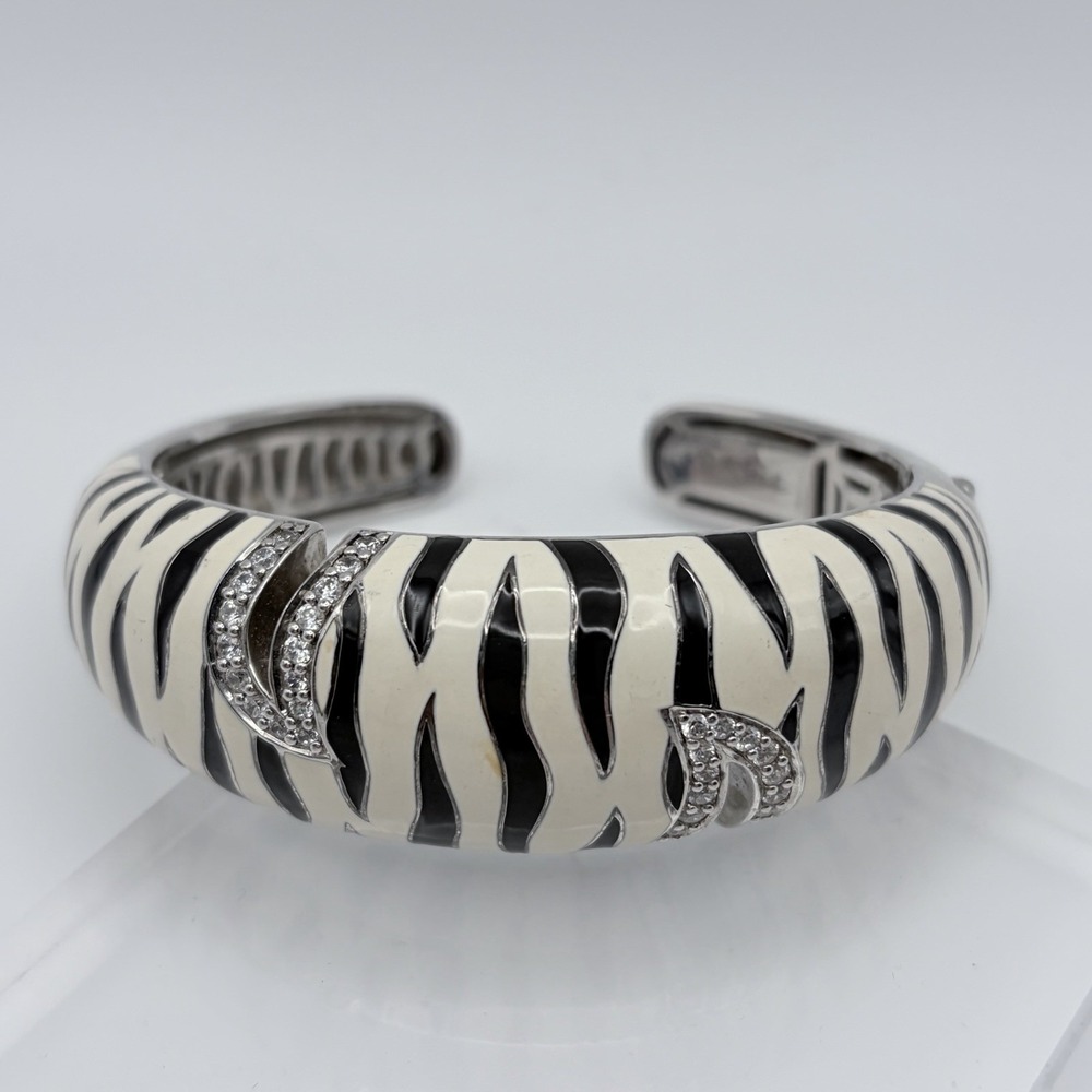Belle Etoile TIGRIS Sterling Silver Cuff‎ Bracelet Black White Enamel With CZs